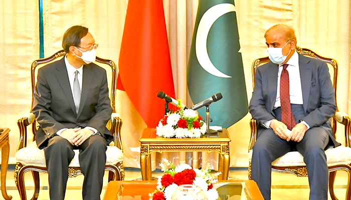 Pakistan Prime Minister Shehbaz Sharif (right) meets a high-ranking Chinese politician and diplomat, Yang Jiechi, in Islamabad, Pakistan, on June 29, 2022. — Twitter/zhang_heqing