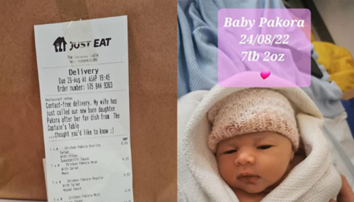 Screengrab of the Facebook post that contains the pictures of the baby and a bill that mentions the food item pakoras. — Facebook/File