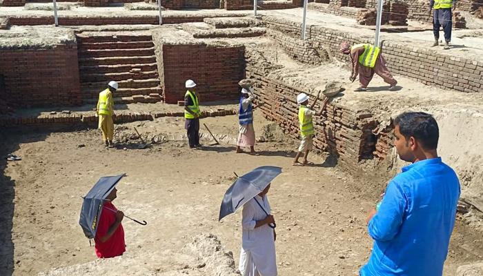 Preservation work underway at the archaeological ruins of Moenjodaro on August 26, 2022. — Photo by author