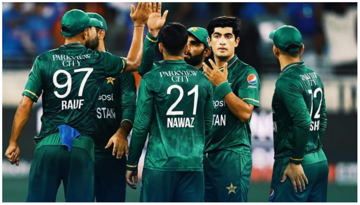 Pakistani cricketers jubilate after Pakistans win against India on Sunday. — Twitter