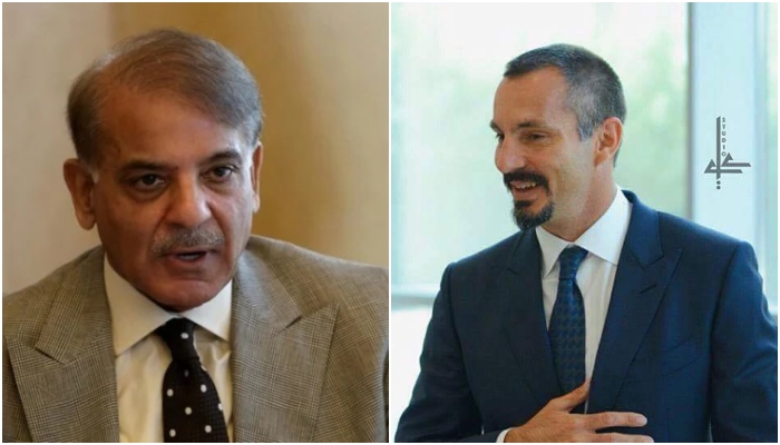 Prime Minister Shehbaz Sharif (L) and Prince Rahim Aga Khan. — Twitter