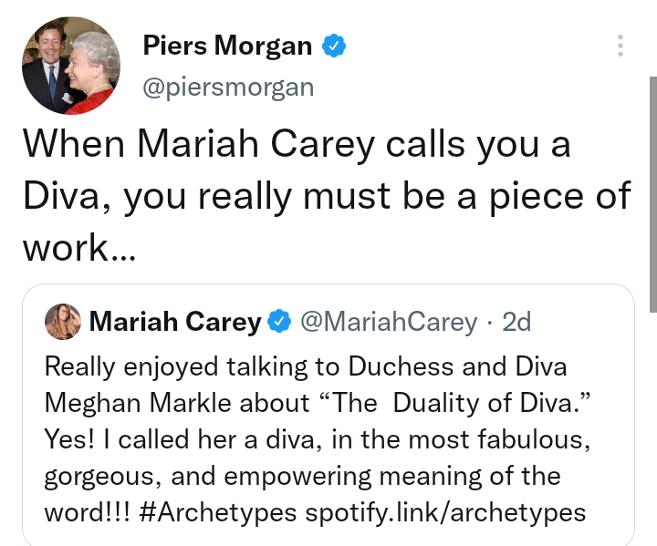 Piers Morgan mengkritik Mariah Carey karena menyebut Meghan Markle sebagai diva