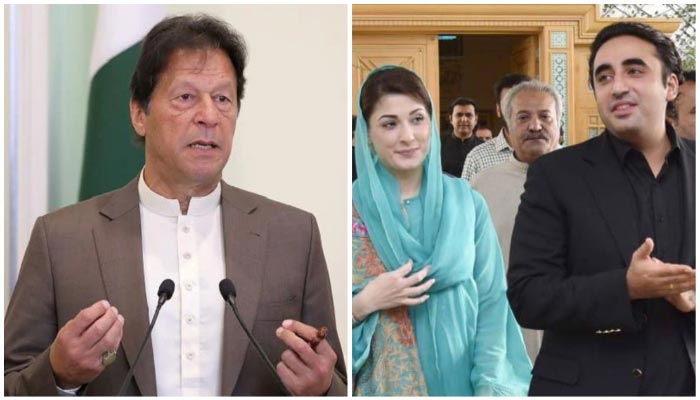 PTI Chairman Imran Khan (L) and PML-N Vice President Maryam Nawaz and PPP Co-Chairman Bilawal Bhutto-Zardari. — Twitter/File