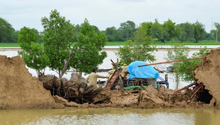 A flood victim retrieves usable items from his damaged house following rains and floods during the monsoon season in Jafarabad, Pakistan, Aug. 26, 2022.— Reuters