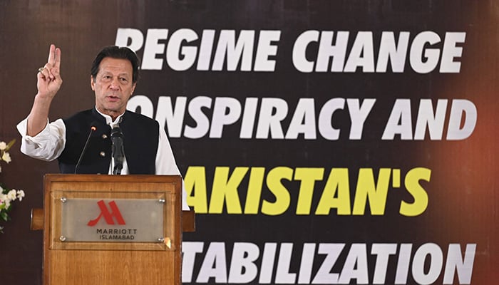 Ousted prime minister Imran Khan addresses an event on Regime Change Conspiracy and Pakistans Destabilisation in Islamabad on June 22, 2022. — AFP