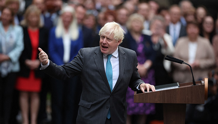 Outgoing British Prime Minister Boris Johnson delivers a speech on his last day in office, outside Downing Street, in London Britain September 6, 2022. — Reuters