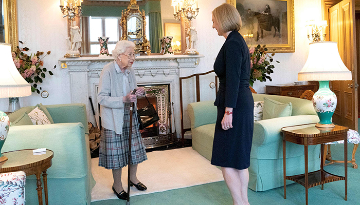 Britains Queen Elizabeth II and new Conservative Party leader and Britains Prime Minister-elect Liz Truss meet at Balmoral Castle in Ballater, Scotland, on September 6, 2022, where the Queen invited Truss to form a Government. — AFP