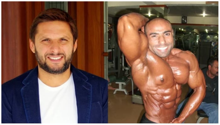 An image collage of former Pakistani cricket captain Shahid Afridi (L) and Asian Bodybuilding champion Fida Hussain Baloch. —  Twitter