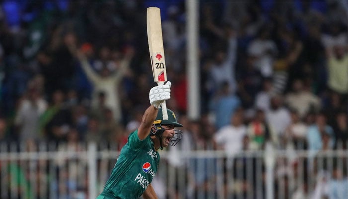 Naseem Shah celebrates after hitting a boundary to win the Asia Cup Super Four match between Afghanistan and Pakistan at the Sharjah Cricket Stadium. — AFP