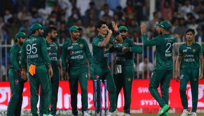 Pakistans Naseem Shah (C) celebrates with teammates after bowling out Afghanistans captain Mohammad Nabi (not pictured) during the Asia Cup Twenty20 international cricket Super Four match between Afghanistan and Pakistan at the Sharjah Cricket Stadium in Sharjah on September 7, 2022. — AFP