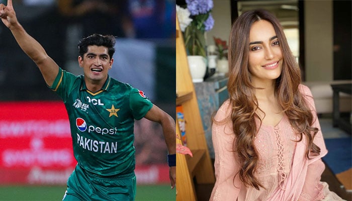 Pakistan pacer Naseem Shah (L) and Indian drama actress Surbhi Jyoti (R). — AFP/Facebook/File