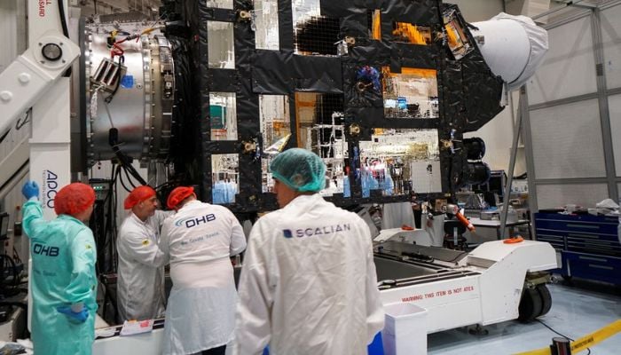 Engineers perform checks on Europes new MTG-I1 satellite designed to improve weather forecasting at the Thales Alenia Space plant in Cannes, France September 7, 2022.— Reuters