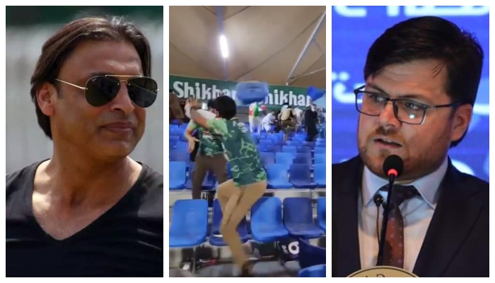 (L to R) Former Pakistan pacer Shoaib Akhtar, Pakistani and Afghan fans brawling in Sharjah, and former Afghanistan Cricket Board (ACB) chief executive Shafiq Stanikzai. — Twitter/File