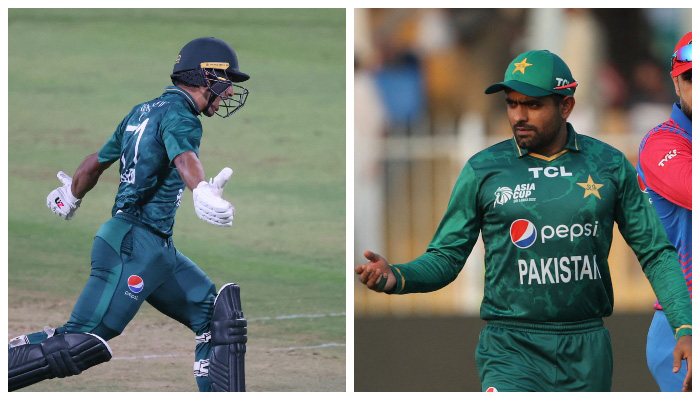 Pakistani pacer Naseem Shah (left) and skipper Babar Azam. — AFP