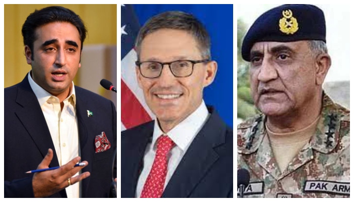 Foreign Minister Bilawal Bhutto-Zardari, State Department Counselor Derek H Chollet and Chief of Army Staff General Qamar Javed Bajwa. — AFP/State Dept/ISPR/Files