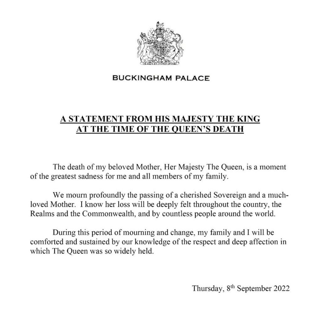 King Charles shares first statement since Queen Elizabeth II’s death