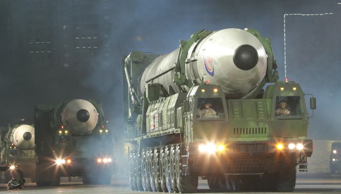 Hwasong-17 intercontinental ballistic missiles take part in a nighttime military parade to mark the 90th anniversary of the founding of the Korean Peoples Revolutionary Army in Pyongyang, North Korea, in this undated photo released by North Koreas Korean Central News Agency (KCNA) on April 26, 2022.— KCNA via Reuters