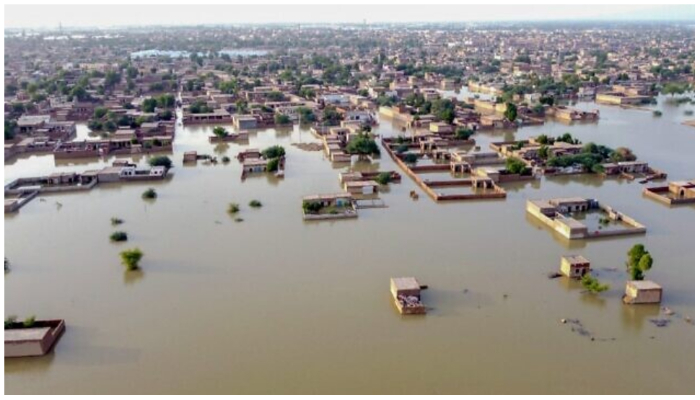 An aerial view shows a flooded residential area after heavy monsoon rains in Balochistan province, Pakistan, on August 29, 2022. — AFP/ Fida Hussain