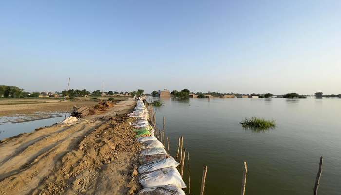 Citizens set up a makeshift barrier to save Johi city from floods in this undated photo. — Twitter