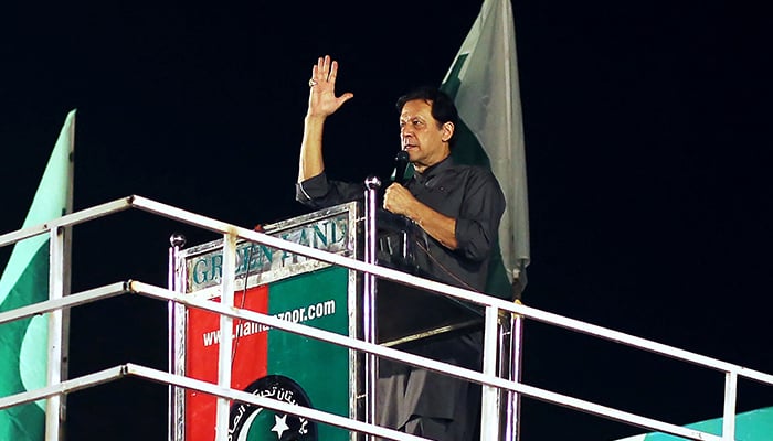 Former prime minister Imran Khan delivers a speech at a rally in Multan on September 8, 2022. — AFP
