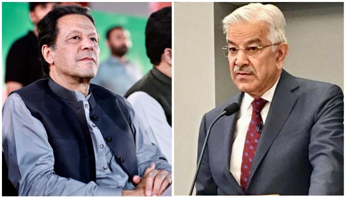 PTI chairperson Imran Khan (L) and Defence Minister Khawaja Asif. — Instagram/Twitter