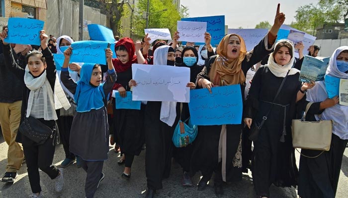 Dozens of girls protested in an eastern Afghan city on September 10, 2022. — AFP
