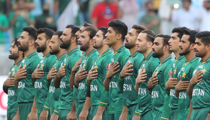 Pakistans players sing their national anthem before the start of the Asia Cup Twenty20 international cricket Super Four match between Pakistan and Sri Lanka at the Dubai International Cricket Stadium in Dubai on September 9, 2022. — AFP