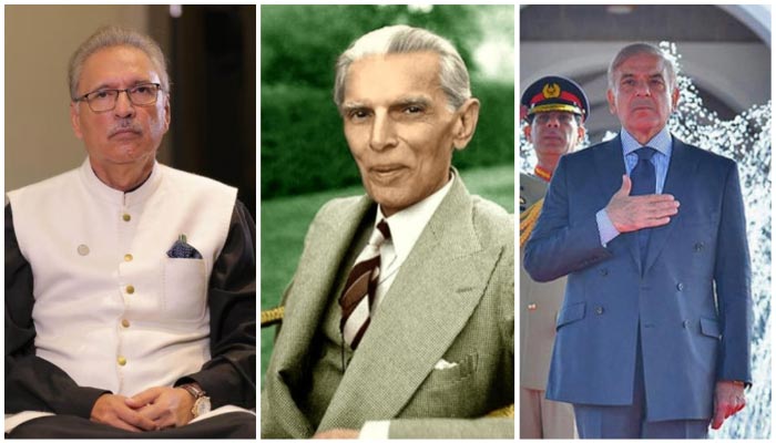 President Dr Arif Alvi (L), Quaid-e-Azam Muhammad Ali Jinnah (C), andPrime Minister Shehbaz Sharif. — AFP/Twitter/File