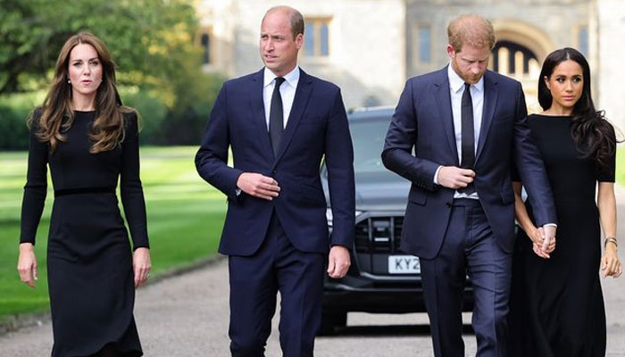 William gives instructions to Kate, Harry and Meghan while greeting mourners
