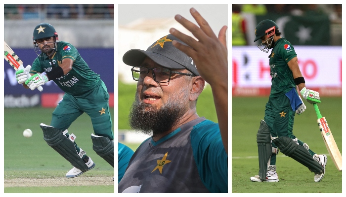 (L to R) Pakistan skipper Babar Azam, Pakistan head coach Saqlain Mushtaq, and wicketkeeper Mohammad Rizwan. — Reuters/AFP