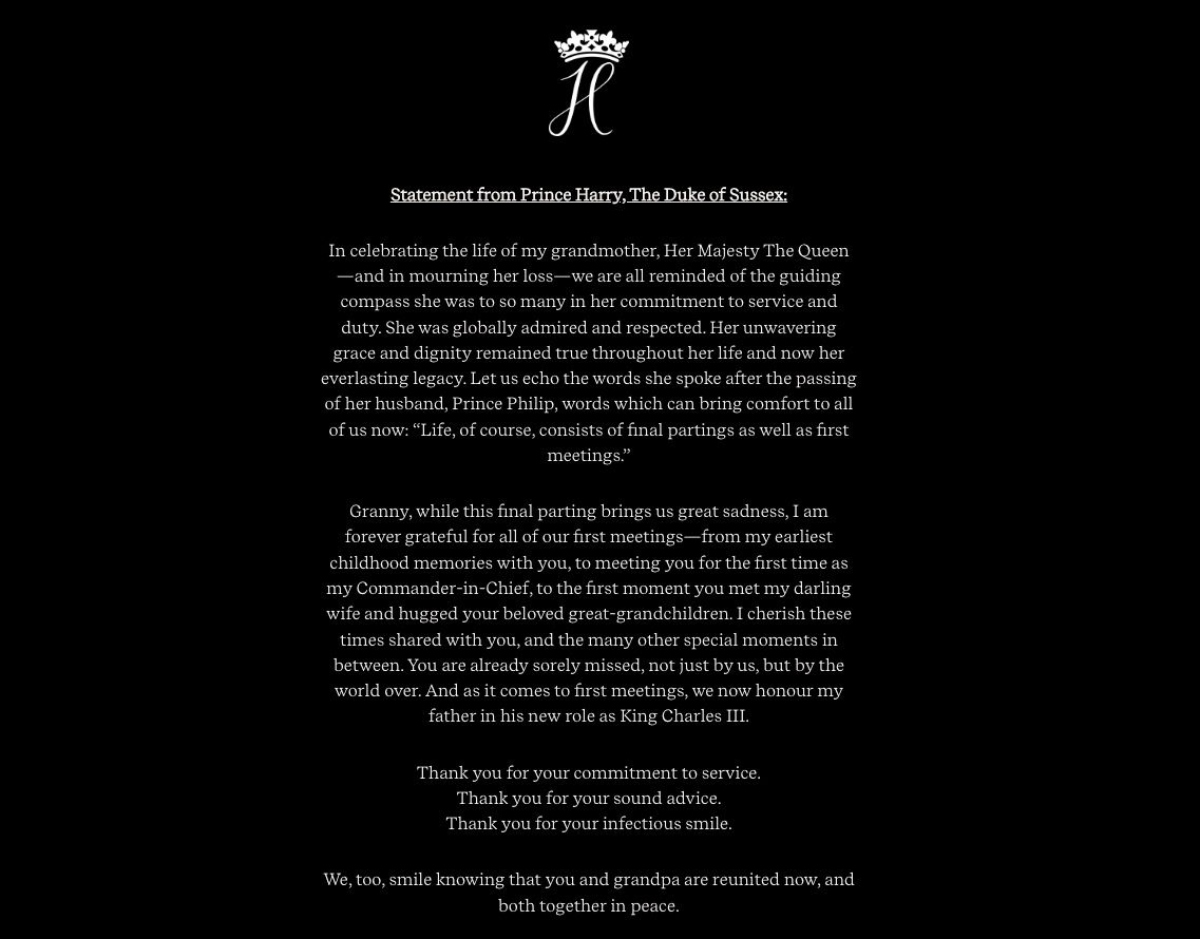 Prince Harry releases first official statement following the Queen’s death