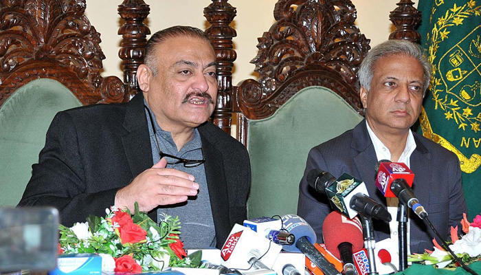 Federal Minister for National Health Services, Regulations and Coordination Abdul Qadir Patel addressing a press conference at TF Complex Islamabad. —APP