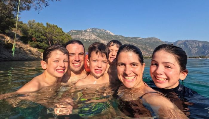 Edith Lemay with husband Sébastian Pelletier and their children Mia, Leo, Colin and Laurent in Ölüdeniz, Turkey.— Edith Lamay via CNN