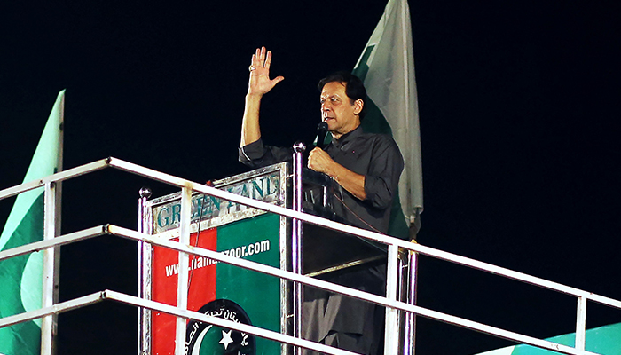 Former prime minister Imran Khan delivers a speech in a rally in Multan on September 8, 2022. — AFP