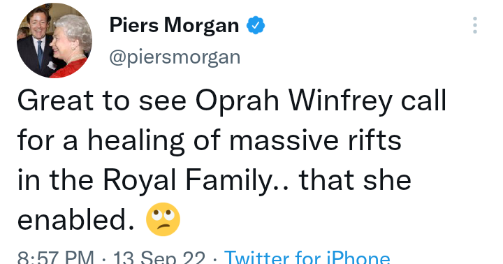 Piers Morgan menyalahkan Oprah Winfrey atas keretakan dalam keluarga kerajaan