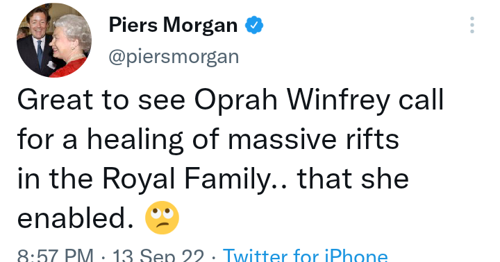 Piers Morgan blames Oprah Winfrey for rifts in royal family