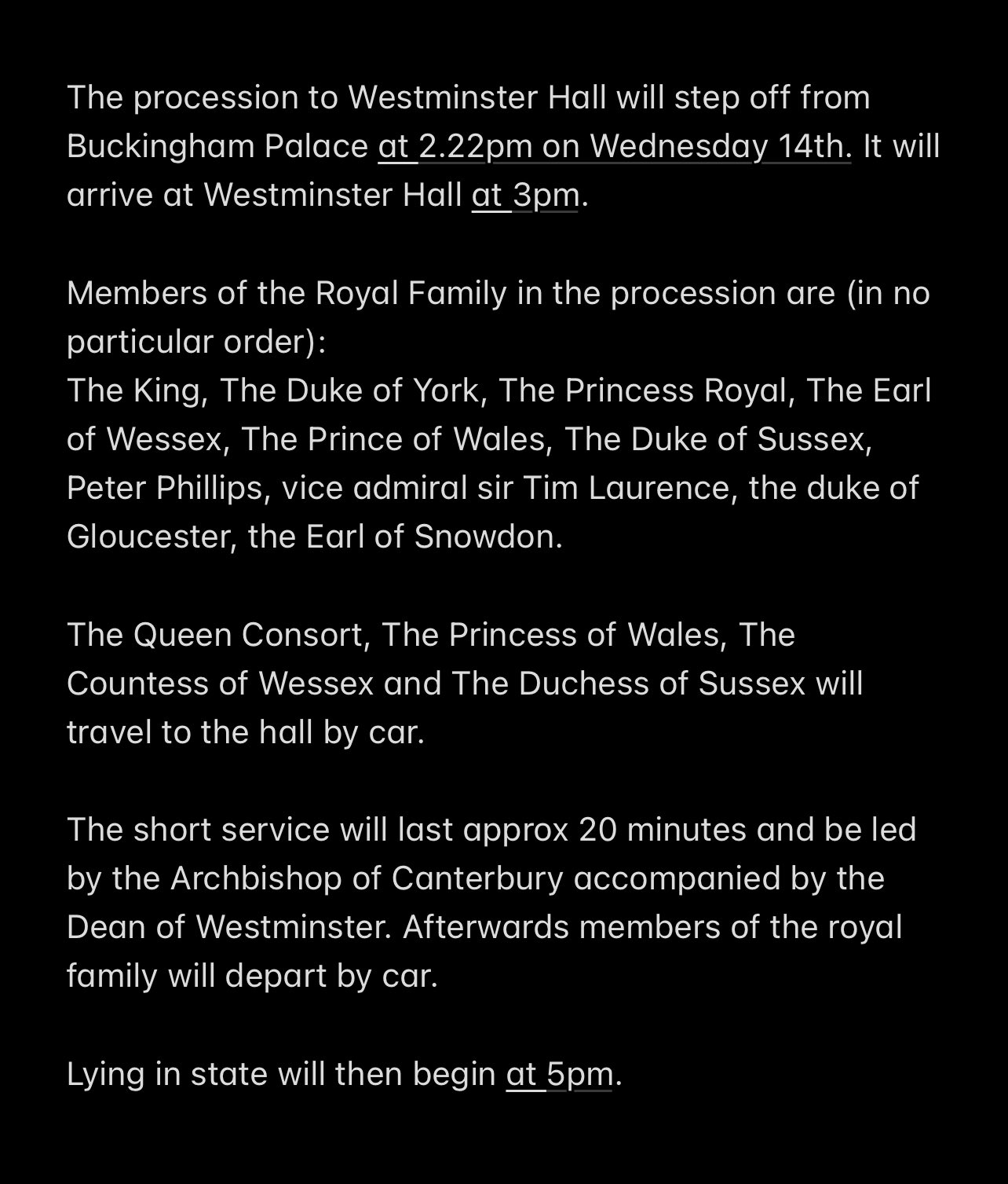 Queens death: details on Wednesdays procession