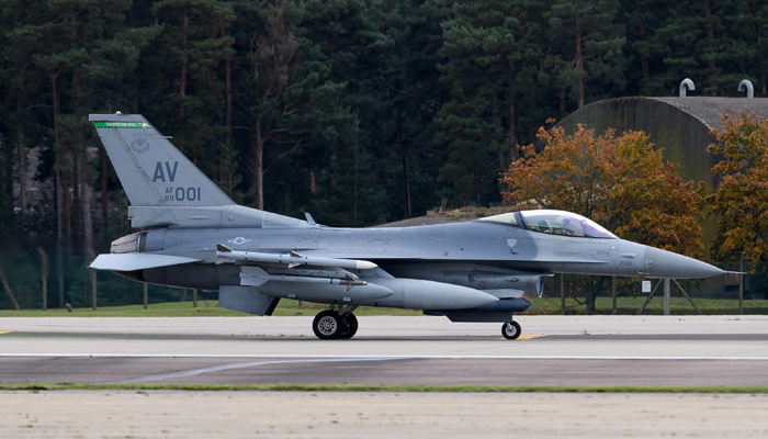 AV 89-001 US Air Force General Dynamics F-16 Fighting Falcon lights the afterburner to take off from RAF Lakenheath, England on 5 October 2020. -Reuters