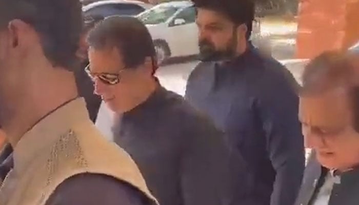 PTI Chairman Imran Khan arrives at Islamabad SSP office on September 14. — Twitter video screengrab