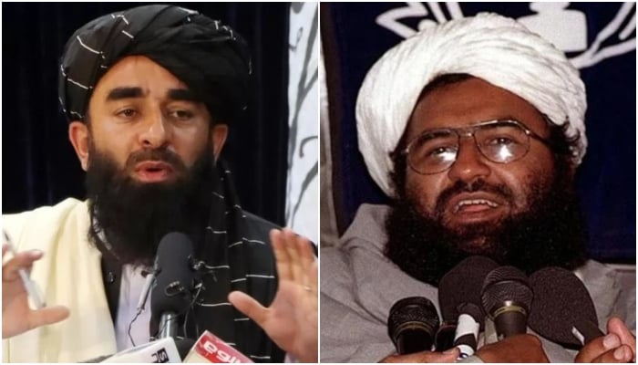 Taliban spokespersonZabihullah Mujahid andhead of the Jaish-e-MohammedMaulana Masood Azhar. — Reuters/AFP