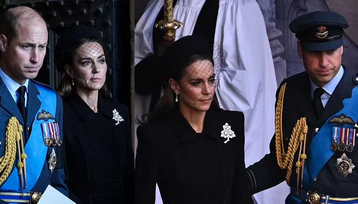 Kate Middleton looks pensive as she takes part in Queens funeral procession