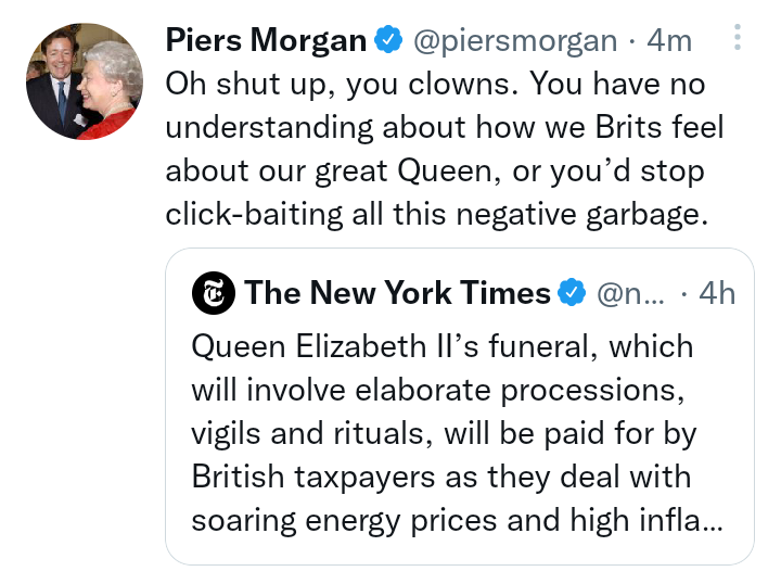 Piers Morgan defends Queen Elizabeths funeral cost