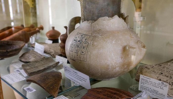 This picture taken on July 28, 2022 shows a view of a ceramic pot bearing the cartouches of the ancient Egyptian New Kingdom Pharaoh Tutankhamun (1334-1325 BC) and Queen Ankhsenamun (1332â€“1323 BC) on display at the Petrie Museum of Egyptian Archaeology at University College London. Ahead of the bicentenary of the deciphering of the Rosetta Stone -- which unlocked the key to reading ancient hieroglyphs -- and the 100th anniversary of Carter´s earth-shattering discovery, Egyptians are demanding that their contributions to the discoveries be recognised and artefacts abroad returned.