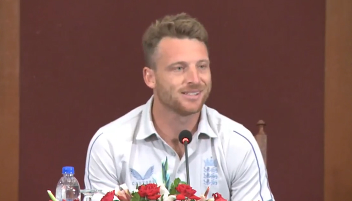 Englands regular white-ball skipper Jos Buttler speaks to journalists in Karachi, on September 15, 2022. — PCB