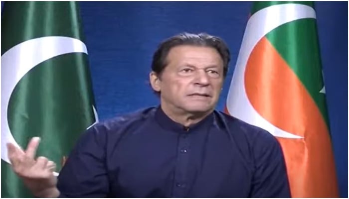 PTI Chairman Imran Khan addressing nation in a live telecast on September 15, 2022. — Screengrab via YouTube/ Geo News