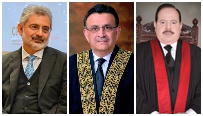 (L to R) Supreme Courts Justice Qazi Faez Isa, Chief Justice Umer Ata Bandial, and Justice Sardar Tariq Masood. — Twitter/SC website