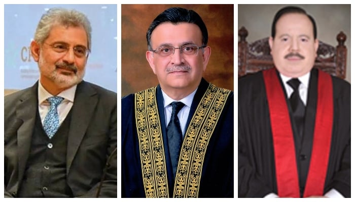 (L to R)Supreme Courts Justice Qazi Faez Isa,Chief Justice Umer Ata Bandial, andJustice Sardar Tariq Masood. — Twitter/SC website