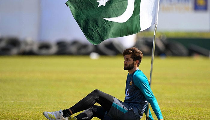 Pakistans Shaheen Afridi takes part in a practice session ahead of the first Test cricket match against Sri Lanka at the Galle International Cricket Stadium in Galle on July 15, 2022. — AFP