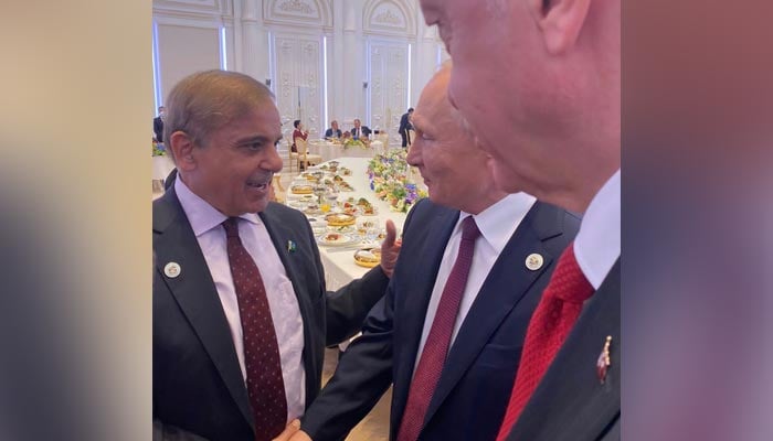 Prime Minister Shehbaz Sharif meets Russian PresidentVladimir Putin. — Twitter