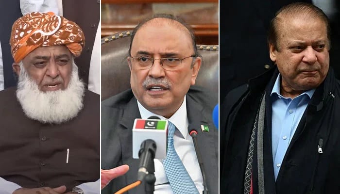 Maulana Fazlur Rehman, Asif Ali Zardari dan Nawaz Sharif.  — Twitter/AFP/Online